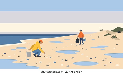 Two people collecting trash from a beach, one with a bucket and the other with a trash bag.