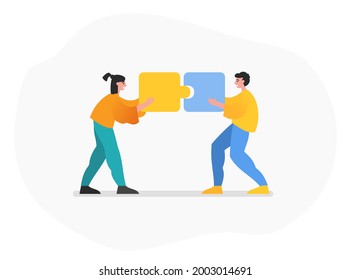 Two people combine big puzzle pieces. Teamwork concept. How to build successful couple relationship. Modern vector illustration