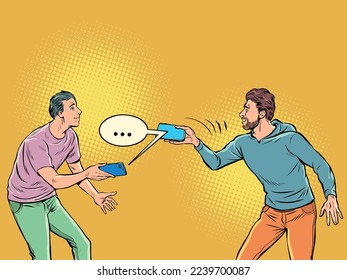 dos personas se comunican en un mensajero en el teléfono Pop art retro ilustración vector 50s estilo kitsch vintage de los 60s