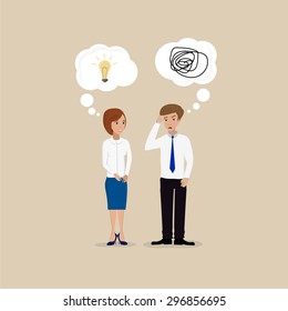 Two people communicate with one another.One with a lot of ideas, the other has none at all