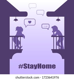 Two People Communicate Through the Balconies of Their Respective Homes, Because They have to Keep Their Distance. Stay Home For Now. Love Everyone.