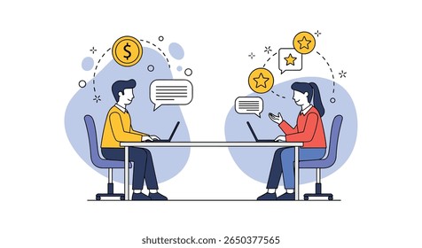 Two people communicating online with laptops and money symbols floating above them representing digital transactions