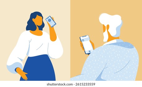 Two people communicating through mobile phones, seen from behind, symbolizing modern relationships.