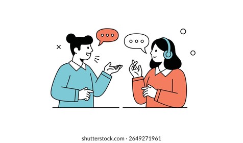 Two people communicating through speech and listening with headphones illustrating the concept of conversation and language exchange