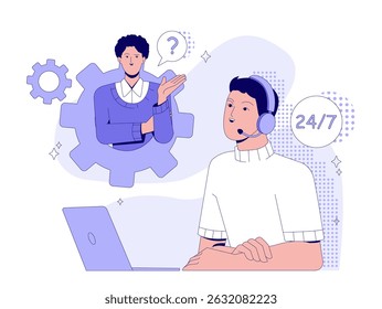 Two people communicating via headset and laptop in a tech support or customer service setting, modern flat style on white background. Concept of 24 7 assistance. Vector illustration