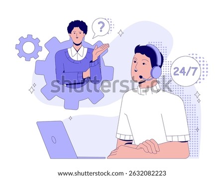 Two people communicating via headset and laptop in a tech support or customer service setting, modern flat style on white background. Concept of 24 7 assistance. Vector illustration