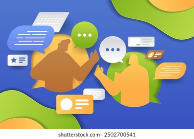 Two people communicating via speech bubbles and digital elements in vibrant colors. Paper cut style with silhouettes and chat icons