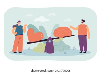 Two People Comparing Logic And Love With Seesaw Isolated Flat Vector Illustration. Cartoon Creative Scene With Brain Vs Heart. Emotional Instincts Or Intuition And Logic Balance Concept