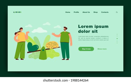 Two people comparing logic and love with seesaw isolated flat vector illustration. Cartoon creative scene with brain vs heart. Emotional instincts or intuition and logic balance concept
