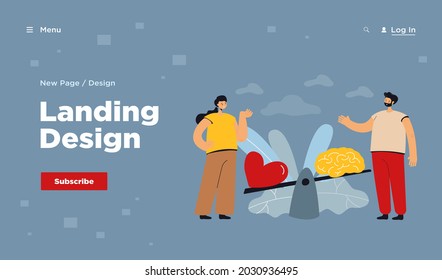 Two people comparing logic and love with seesaw isolated flat vector illustration. Cartoon creative scene with brain vs heart. Emotional instincts or intuition and logic balance concept