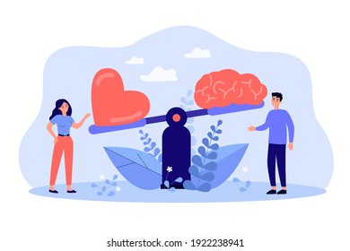 Two people comparing logic thinking and intuition on scales flat vector illustration. Cartoon man and woman looking at brain vs heart on seesaw. Emotional instincts and logic balance concept