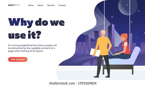 Two people with computers indoors. Online, computer, browsing, surfing flat vector illustration. People with gadgets and connection concept for banner, website design or landing web page