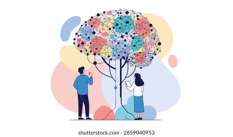 Dos personas se conectan a un árbol cerebral digital que simboliza el conocimiento y las ideas