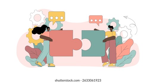 Two people connect a puzzle. Teamwork. Conclusion of a contract. Effective interaction