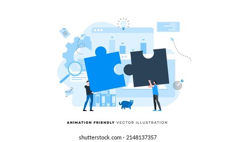 Two people connect puzzles. Animation ready duik friendly vector Illustration. Conceptual business story. Puzzle connection, teamwork abstract metaphor, partnership, collaboration.