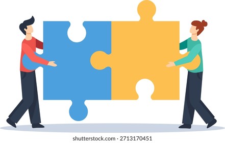 Dos personas conectando piezas Grandes del rompecabezas juntas. Ilustración vectorial plana para el trabajo en equipo, la colaboración y el concepto de resolución de problemas. Asociación y solución aislada sobre fondo blanco.