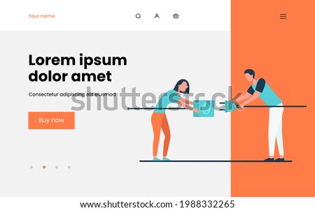 Two people connecting plug and socket. Man and woman pulling cords with outlet and plug flat vector illustration. Wire connection, electricity concept for banner, website design or landing web page