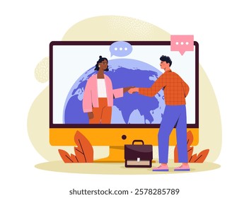 Two people connecting virtually through a computer screen with a globe in the background. Modern cartoon style on a white background. Concept of global communication. Vector illustration.