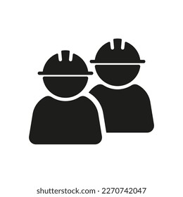 Two people in construction helmets line icons. Hard work, new building, realtor, apartment, building a house. Building concept. Vector line icon on white background