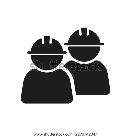 Two people in construction helmets line icons. Hard work, new building, realtor, apartment, building a house. Building concept. Vector line icon on white background