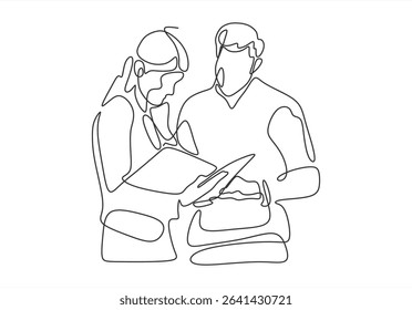Two people consulting a document in a continuous line. Continuous Line. line icon-continuous line drawing.