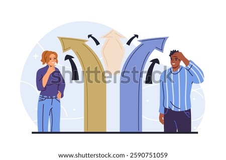 Two people contemplating with arrows pointing different directions, flat graphic style on light background. Concept of choice or decision making. Vector illustration