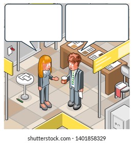 Two people in conversation at exposition stand (isometric vector illustration, empty speech bubbles)