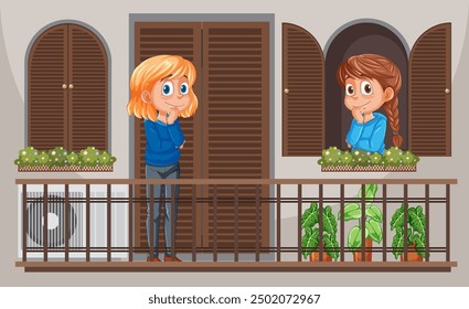 Two people conversing across balconies with plants