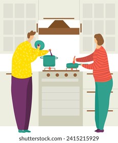 Two people cooking in kitchen together, one stirring a pot and another cutting vegetables. Home cooking and family time vector illustration.