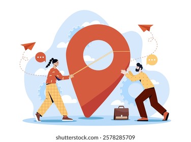 Two people cooperate to adjust a large location pin, symbolizing teamwork and navigation. Flat style on a white background with blue accents. Concept of collaboration. Vector illustration
