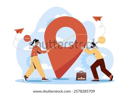 Two people cooperate to adjust a large location pin, symbolizing teamwork and navigation. Flat style on a white background with blue accents. Concept of collaboration. Vector illustration