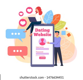 Two people couple communicate chatting by smartphone. Dating web site concept. Vector flat cartoon graphic design illustration