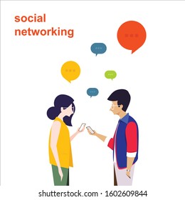 Two people couple man and woman boyfriend girlfriend having date and communication by using smartphone online. Social network modern problems dependence addiction concept flat cartoon design graphic 