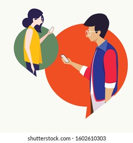 Two people couple man and woman boyfriend girlfriend having date and communication by using smartphone online. Social network modern problems dependence addiction concept flat cartoon design graphic 