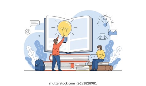 Duas pessoas criando ideias de um livro aberto com uma lâmpada simbolizando a inovação