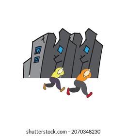 Two of People crouching and protecting their head with their arms when disaster Building