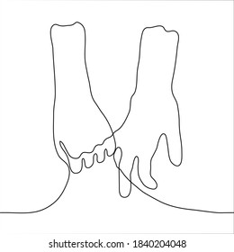 two people are cute holding hands. one line drawing of a hand of two personalities holding a finger. Concept for cute, kawaii, close intimate relationship, friendship, love