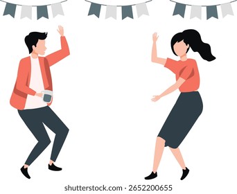 Two people dance joyfully, celebrating with exuberance and happiness. They move gracefully, expressing delight, rhythm, harmony, laughter, friendship, togetherness, celebration.