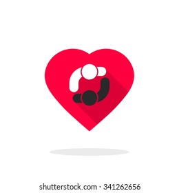 Two people dancing logo in heart Love twosome relation with black white man and woman holding hands Bisexual, heterosexual, rendezvous symbol concept flat style trend modern design vector illustration