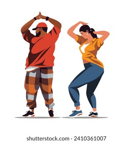 Two people dancing, man in red shirt and plaid pants, woman in yellow top and blue pants. Urban street dance, hip hop dancers vector illustration.