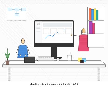 Duas pessoas estão em uma mesa interagindo com um computador exibindo gráficos. Uma prateleira com livros e material de escritório está ao fundo. Uma planta e uma xícara de café também estão presentes na mesa.