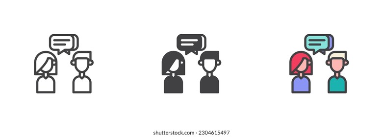 Two people dialogue different style icon set. Line, glyph and filled outline colorful version, outline and filled vector sign. Communication symbol, logo illustration. Vector graphics