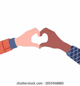 Two People with Different Color Skin Make Heart Hand Shape on White Background. Hand Drawn Love Colored Vector Illustration.