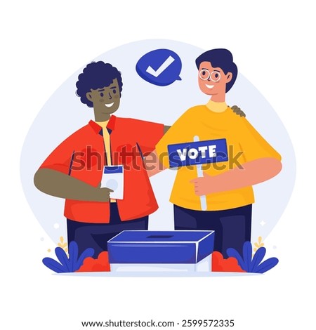 Two people of different ethnicities participate in election voting vector illustration