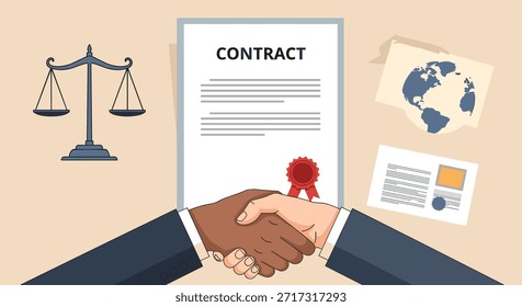 Duas pessoas de diferentes etnias cumprimentando alguém por um contrato assinado com escalas de justiça e um pequeno mapa-múndi.