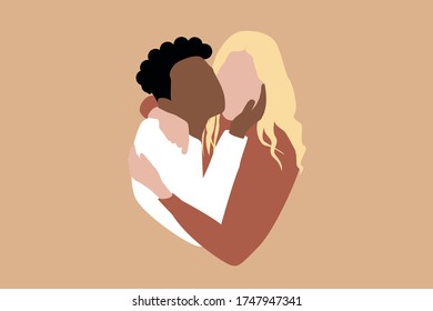 Dos personas de diferentes nacionalidades abrazando. Vector de colores pastel modernos. Unidad comunitaria multicolor, alto al racismo, defender la igualdad de derechos. Dos mujeres abrazándose, lgbt ama. Empoderamiento de las mujeres