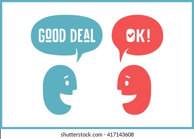 Two People With Different Shapes Cloud Talk For Discount Themes. Word Ok And Good Deal In Bubble. Vector Illustration