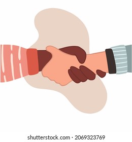 Two People With Different Skin Colors Shakehand On White Background. Unity In Diversity No Racism Icon Concept. Hand Drawn Colored Flat Vector Illustration.