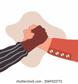 Two People With Different Skin Colors Shakehand On White Background. Unity In Diversity No Racism Icon Concept. Hand Drawn Colored Flat Vector Illustration.
