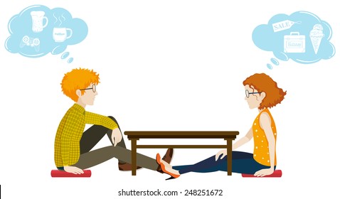 Two people with different thoughts on a white background